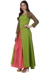 Green 3/4 sleeve cotton A-line kurta with front cut