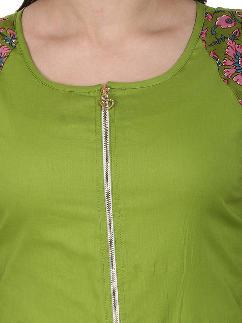 Green 3/4 sleeve cotton A-line kurta with front cut