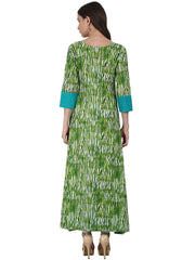 Green printed 3/4 sleeve cotton A-Line kurta