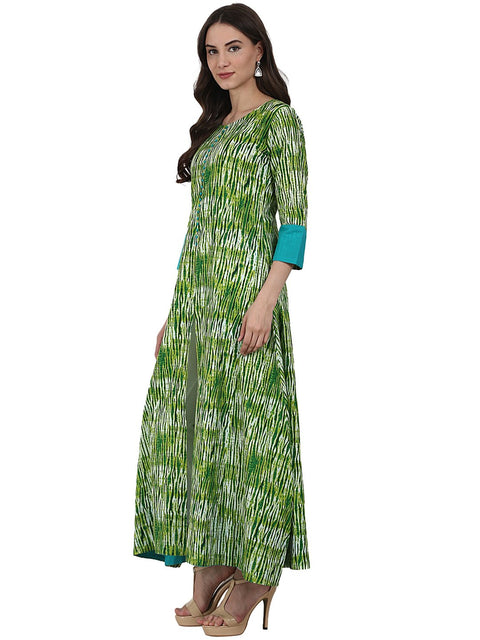 Green printed 3/4 sleeve cotton A-Line kurta