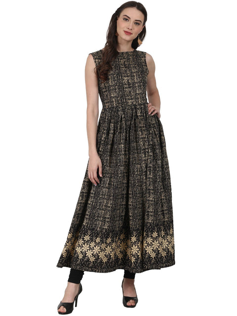 Nayo Women Black printed sleevless cotton Anarkali kurta
