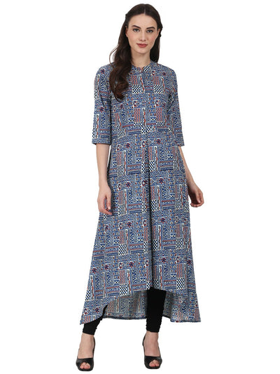 Nayo Blue printed 3/4 sleeve cotton A-line kurta