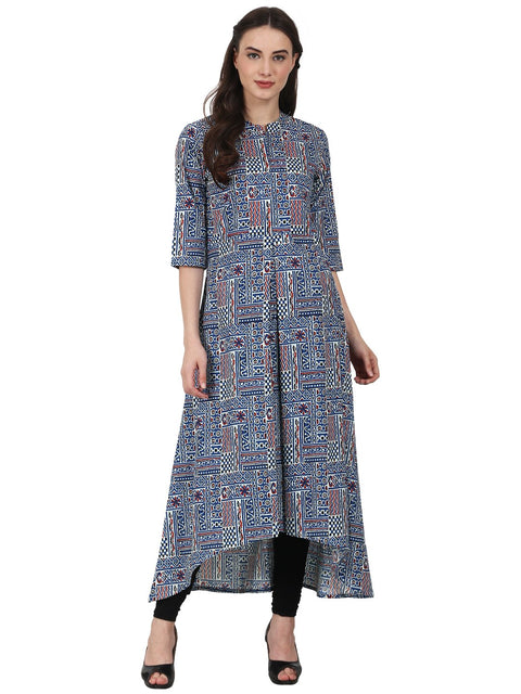 Nayo Blue printed 3/4 sleeve cotton A-line kurta