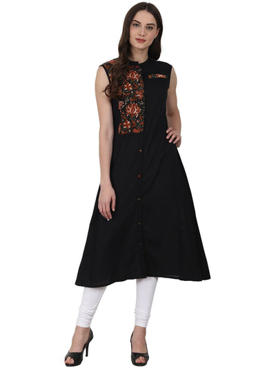 Nayo Women Black Sleevless cotton A-Line kurta