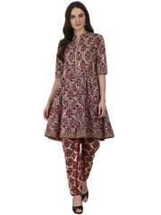 Grey printed half sleeve cotton kurta