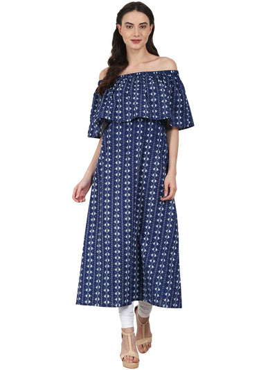 Nayo Women Blue printed drape shoulder sleeve Maxi dress