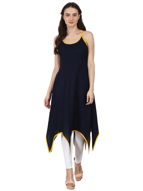 Nayo Women Navy blue sleevless Assymetrical cotton kurta