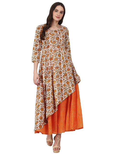 Nayo Women Yellow printed 3/4 sleeve double layer cotton anarkali kurta