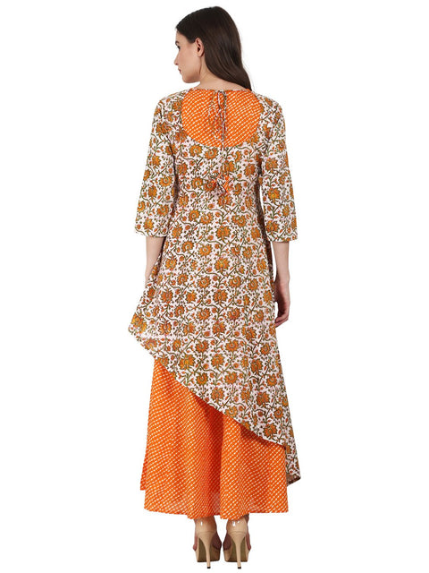 Nayo Women Yellow printed 3/4 sleeve double layer cotton anarkali kurta
