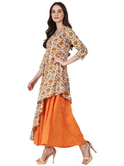 Nayo Women Yellow printed 3/4 sleeve double layer cotton anarkali kurta