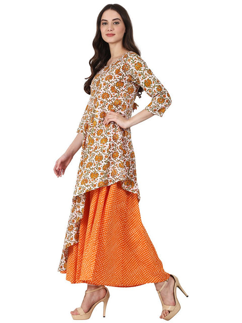 Nayo Women Yellow printed 3/4 sleeve double layer cotton anarkali kurta