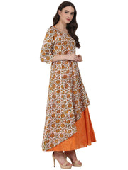 Nayo Women Yellow printed 3/4 sleeve double layer cotton anarkali kurta