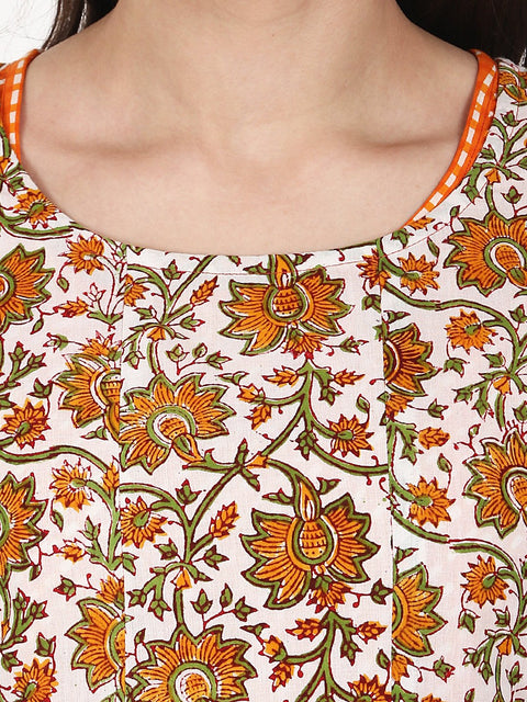 Nayo Women Yellow printed 3/4 sleeve double layer cotton anarkali kurta