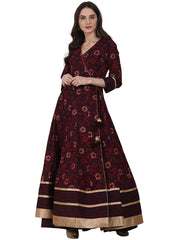Coffee printed 3/4 sleeve cotton floor length Anarkali kurta