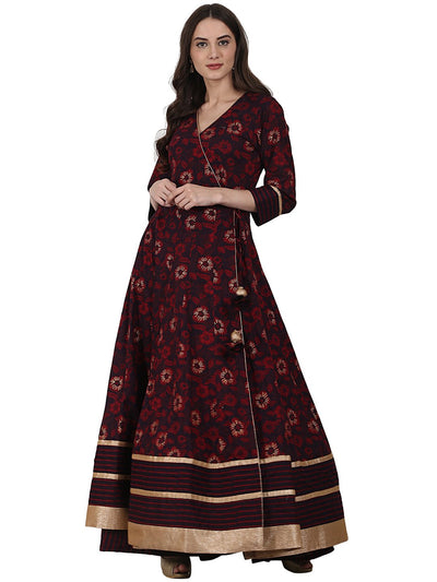 Coffee printed 3/4 sleeve cotton floor length Anarkali kurta