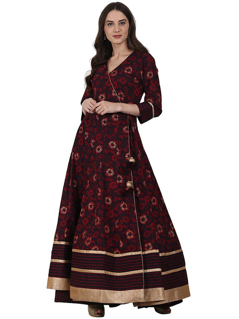 Coffee printed 3/4 sleeve cotton floor length Anarkali kurta