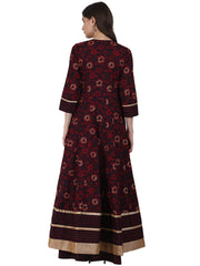 Coffee printed 3/4 sleeve cotton floor length Anarkali kurta