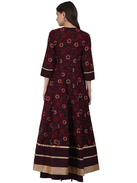 Coffee printed 3/4 sleeve cotton floor length Anarkali kurta