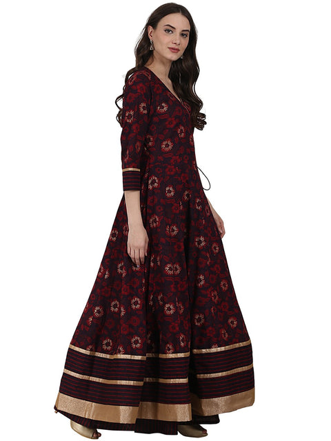 Coffee printed 3/4 sleeve cotton floor length Anarkali kurta
