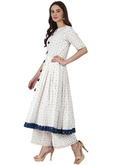 White golden butta printed anarkali kurta & plazzo with blue printed dupatta