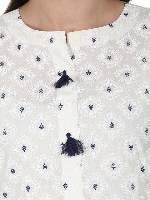 White golden butta printed anarkali kurta & plazzo with blue printed dupatta