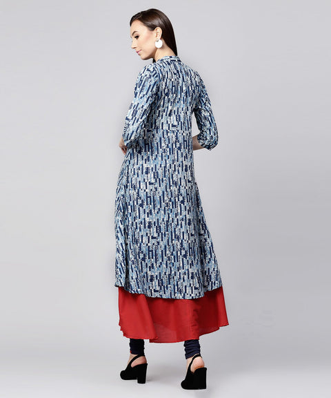 Blue printed 3/4th sleeve cotton double layer kurta