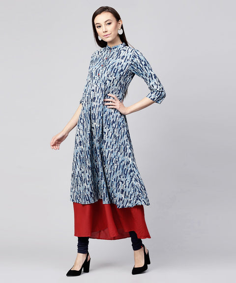 Blue printed 3/4th sleeve cotton double layer kurta