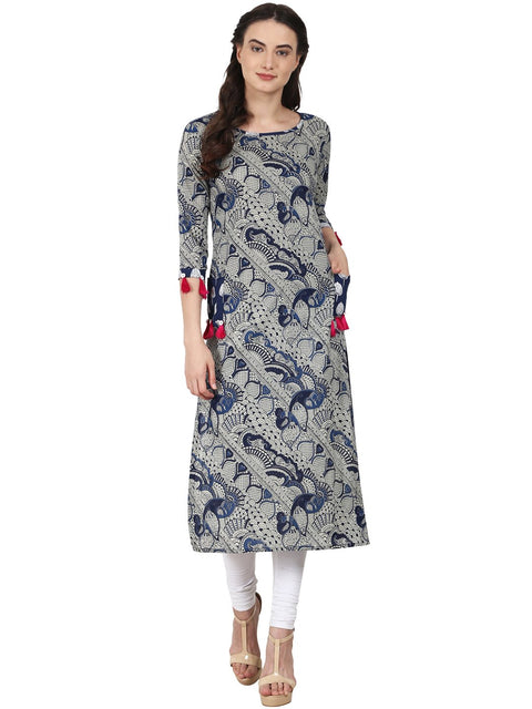 Nayo Blue printed 3/4 sleeve cotton kurta