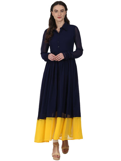 Nayo Women Navy blue full sleeve georgette anarkali kurta