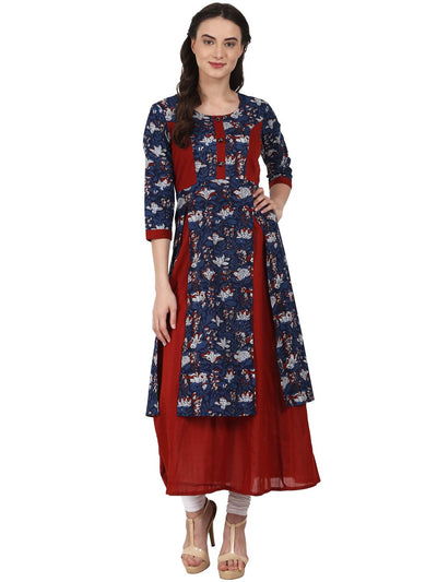 Nayo Blue & Red 3/4 sleeve double layer cotton kurta