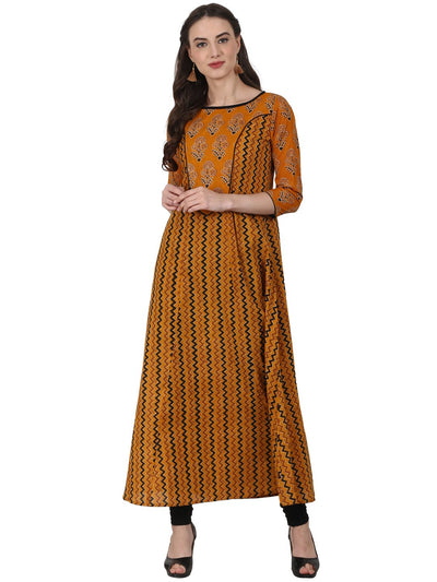 Nayo Yellow printed 3/4 sleeve cotton A-Line kurta