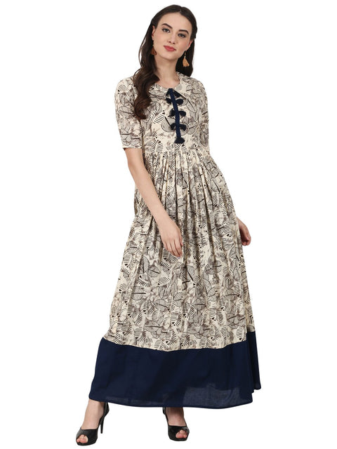Nayo Women Cream printed half sleeve cotton anarkali kurta
