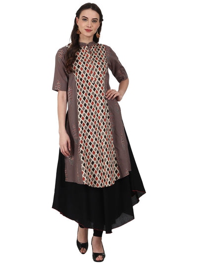 Nayo Brown & Black printed 3/4 sleeve cotton double layer A-line kurta