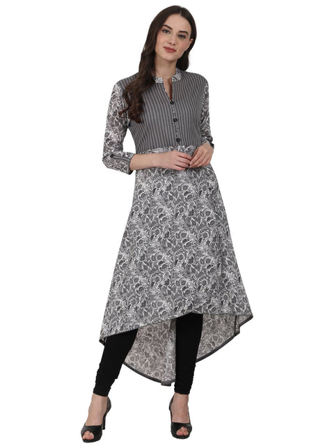 Nayo Women Grey printd 3/4 sleeve cotton low high kurta