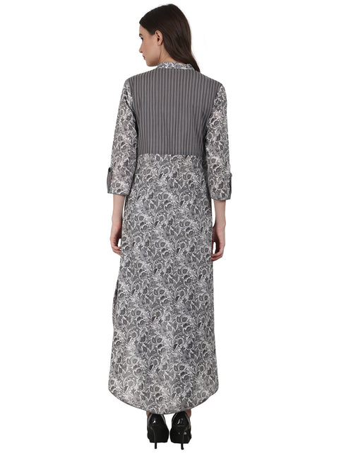 Nayo Women Grey printd 3/4 sleeve cotton low high kurta