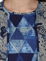 Blue printed top with solid ankle length plazzo & sleevless grey printed Jacket
