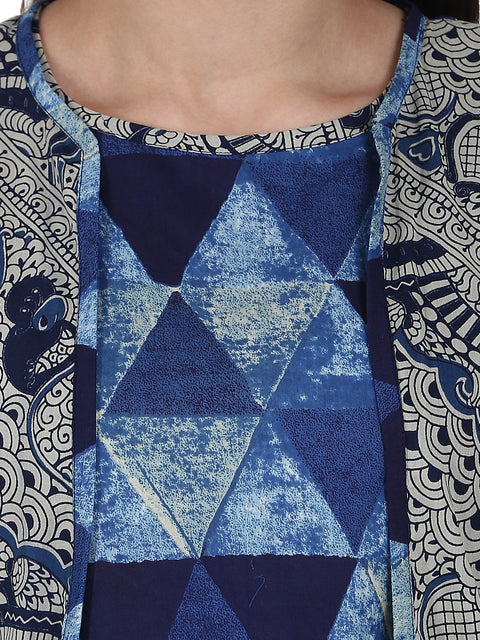 Blue printed top with solid ankle length plazzo & sleevless grey printed Jacket