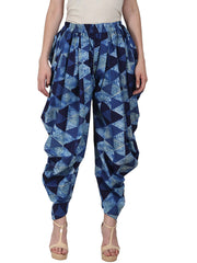 Blue printed ankle length cotton dhoti