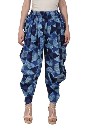 Blue printed ankle length cotton dhoti