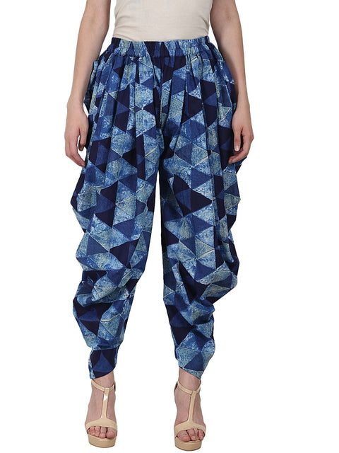 Blue printed ankle length cotton dhoti