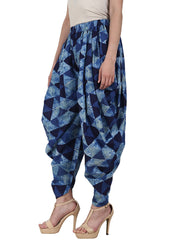 Blue printed ankle length cotton dhoti