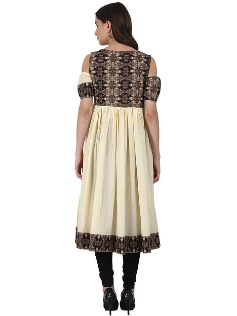 Cream color short sleeve cotton anarkali kurta