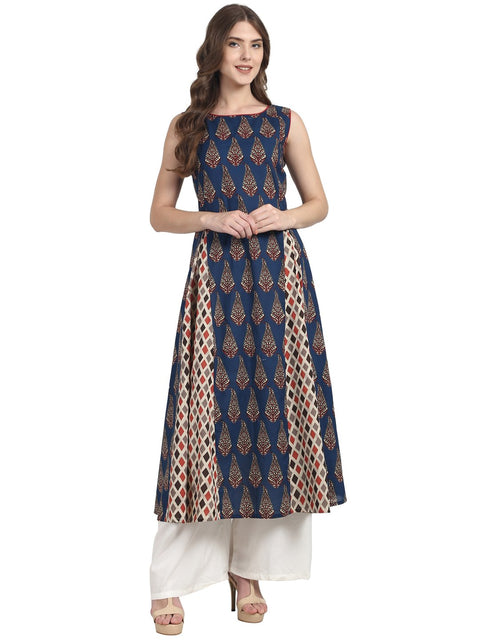 Nayo Blue Butta printed sleevless cotton A-line kurta