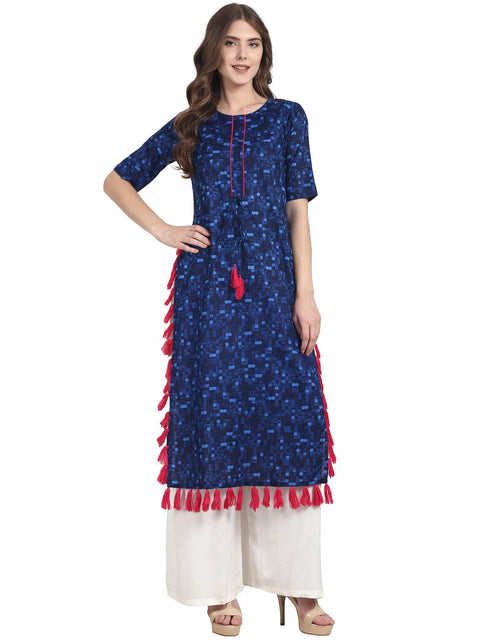 Nayo Blue printed half sleeve cotton kurti with tussle work