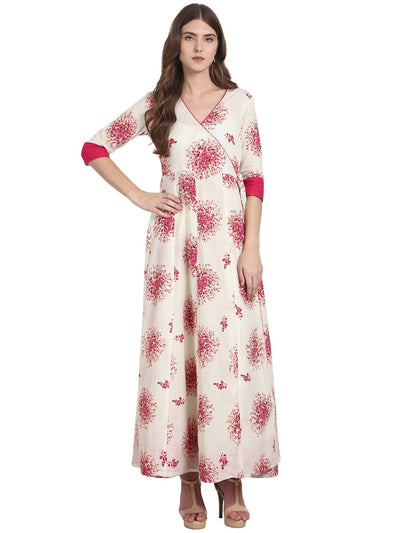 Nayo White printed 3/4 sleeve cotton Angrakha kurta