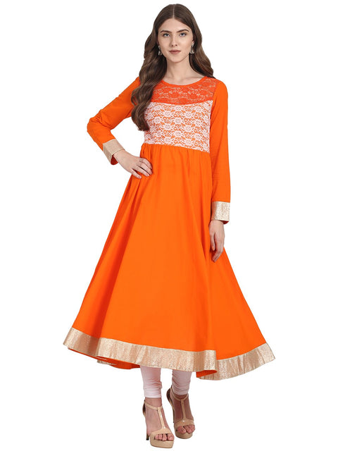 Nayo Women Orange full sleeve cotton anarkali kurta with net work at yoke