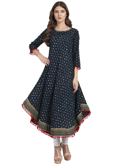 Nayo Women Blue printed 3/4 sleeve Cotton slub Anarkali kurta with Embriodery work at Neck