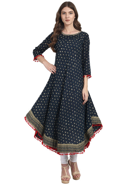Nayo Blue printed 3/4 sleeve Cotton slub Anarkali kurta with Embriodery work at Neck