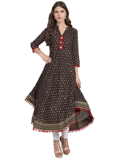 Nayo Women Coffee brown printed 3/4 sleeve Cotton Anarkali kurta with Mirror work at yoke