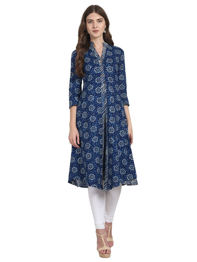 Nayo Women Blue printed 3/4 sleeve front open cotton kurta
